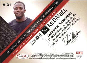 2011 SAGE - Autographs Gold #A-31 DeAndre McDaniel Back