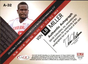 2011 SAGE - Autographs Gold #A-32 Von Miller Back