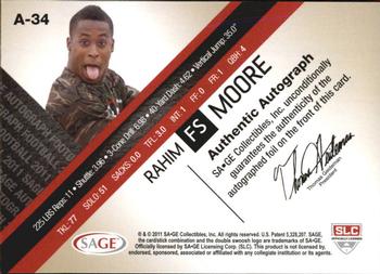 2011 SAGE - Autographs Gold #A-34 Rahim Moore Back