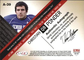 2011 SAGE - Autographs Gold #A-39 Christian Ponder Back