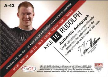 2011 SAGE - Autographs Gold #A-43 Kyle Rudolph Back