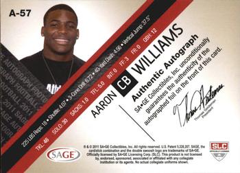 2011 SAGE - Autographs Gold #A-57 Aaron Williams Back