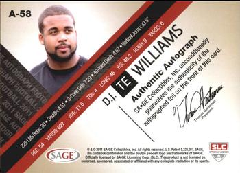 2011 SAGE - Autographs Gold #A-58 D.J. Williams Back