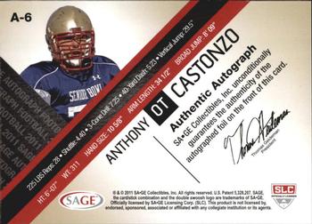 2011 SAGE - Autographs Platinum #A-6 Anthony Castonzo Back
