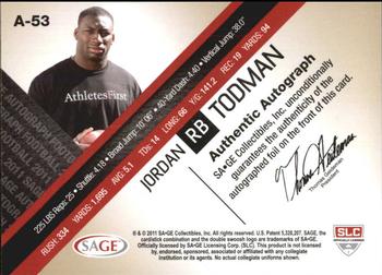 2011 SAGE - Autographs Platinum #A-53 Jordan Todman Back