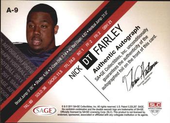 2011 SAGE - Autographs Red #A-9 Nick Fairley Back