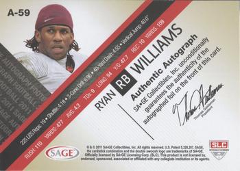 2011 SAGE - Autographs Red #A-59 Ryan Williams Back