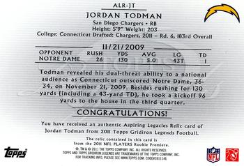 2011 Topps Gridiron Legends - Aspiring Legacies Jerseys #ALR-JT Jordan Todman Back