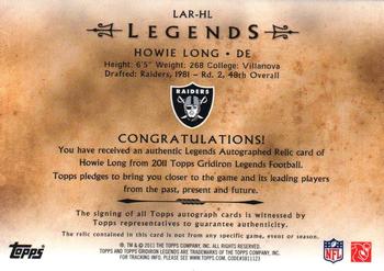 2011 Topps Gridiron Legends - Autographed Relics #LAR-HL Howie Long Back