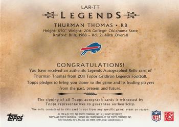 2011 Topps Gridiron Legends - Autographed Relics #LAR-TT Thurman Thomas Back