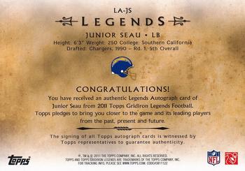 2011 Topps Gridiron Legends - Autographs #LA-JS Junior Seau Back