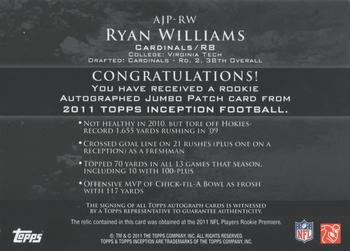 2011 Topps Inception - Rookie Jumbo Patch Autographs Gray #AJP-RW Ryan Williams Back