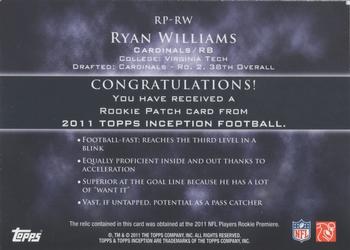 2011 Topps Inception - Rookie Relics Patch Gray #RP-RW Ryan Williams Back