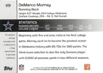 2011 Topps Precision - Rookie Autographs White Ink #119 DeMarco Murray Back