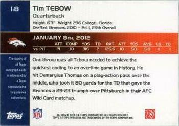 2011 Topps Precision - Tim Tebow Comeback Autographs #1:8 Tim Tebow Back