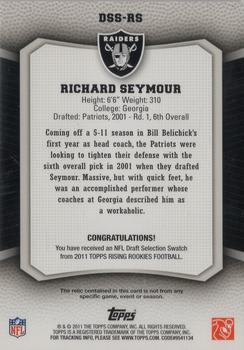 2011 Topps Rising Rookies - Draft Selection Jerseys #DSS-RS Richard Seymour Back