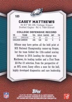 2011 Topps Rising Rookies - Gold #189 Casey Matthews Back