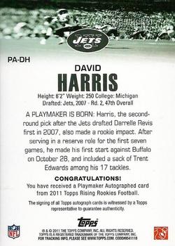 2011 Topps Rising Rookies - Playmaker Autographs #PA-DH David Harris Back