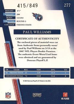 2007 Playoff Absolute Memorabilia #277 Paul Williams Back