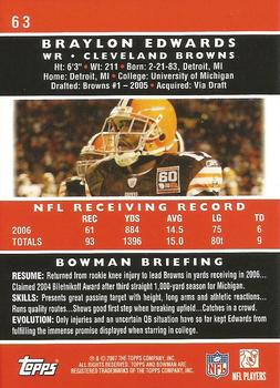 2007 Bowman #63 Braylon Edwards Back