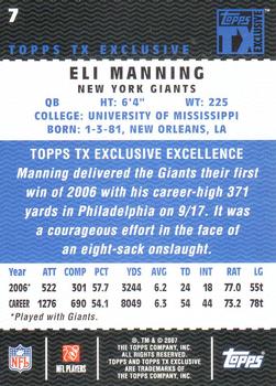 2007 Topps TX Exclusive #7 Eli Manning Back