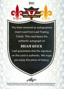 2012 Leaf Valiant #BQ1 Brian Quick Back