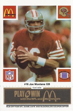1986 McDonald's San Francisco 49ers - Full Game Pieces - Week 2 Black/Gray Tab #NNO Joe Montana Front