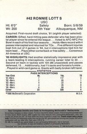 1986 McDonald's San Francisco 49ers - Full Game Pieces - Week 2 Black/Gray Tab #NNO Ronnie Lott Back