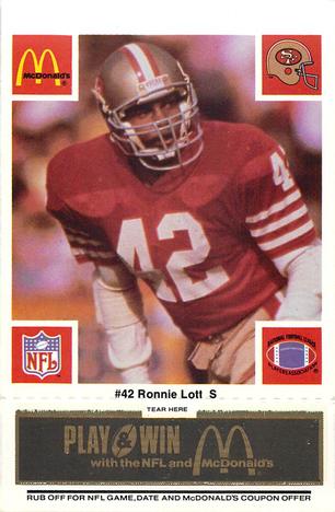 1986 McDonald's San Francisco 49ers - Full Game Pieces - Week 2 Black/Gray Tab #NNO Ronnie Lott Front