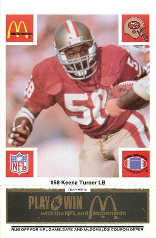 1986 McDonald's San Francisco 49ers - Full Game Pieces - Week 2 Black/Gray Tab #NNO Keena Turner Front