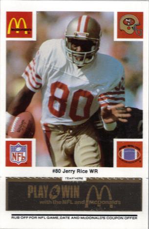 1986 McDonald's San Francisco 49ers - Full Game Pieces - Week 2 Black/Gray Tab #NNO Jerry Rice Front