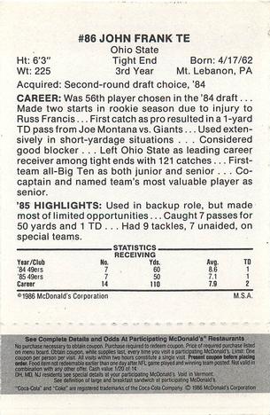 1986 McDonald's San Francisco 49ers - Full Game Pieces - Week 2 Black/Gray Tab #NNO John Frank Back