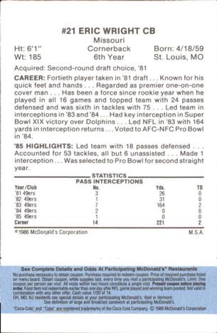 1986 McDonald's San Francisco 49ers - Full Game Pieces - Week 1 Blue Tab #NNO Eric Wright Back