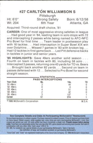 1986 McDonald's San Francisco 49ers - Full Game Pieces - Week 1 Blue Tab #NNO Carlton Williamson Back