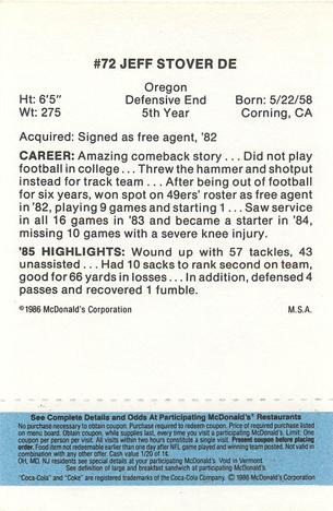 1986 McDonald's San Francisco 49ers - Full Game Pieces - Week 1 Blue Tab #NNO Jeff Stover Back