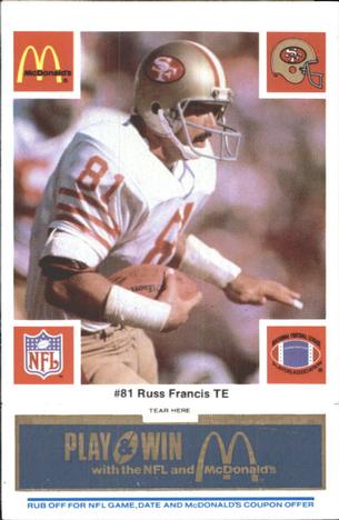 1986 McDonald's San Francisco 49ers - Full Game Pieces - Week 1 Blue Tab #NNO Russ Francis Front