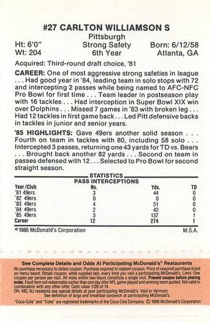 1986 McDonald's San Francisco 49ers - Full Game Pieces - Week 3 Gold/Orange Tab #NNO Carlton Williamson Back