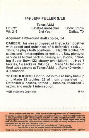 1986 McDonald's San Francisco 49ers - Full Game Pieces - Week 3 Gold/Orange Tab #NNO Jeff Fuller Back