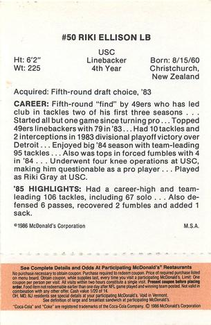 1986 McDonald's San Francisco 49ers - Full Game Pieces - Week 3 Gold/Orange Tab #NNO Riki Ellison Back