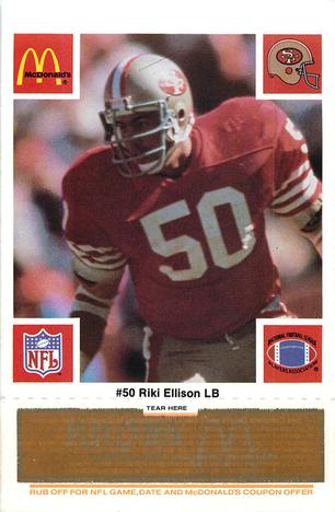 1986 McDonald's San Francisco 49ers - Full Game Pieces - Week 3 Gold/Orange Tab #NNO Riki Ellison Front