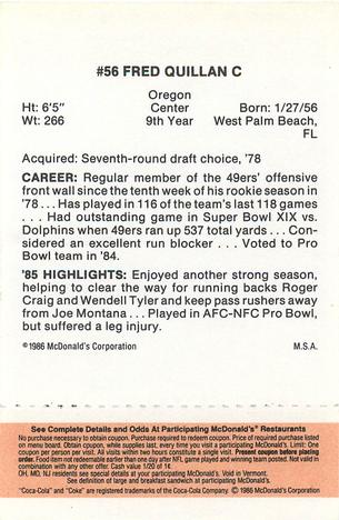 1986 McDonald's San Francisco 49ers - Full Game Pieces - Week 3 Gold/Orange Tab #NNO Fred Quillan Back