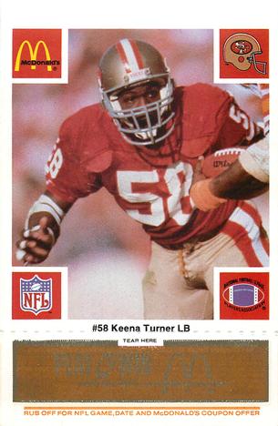 1986 McDonald's San Francisco 49ers - Full Game Pieces - Week 3 Gold/Orange Tab #NNO Keena Turner Front