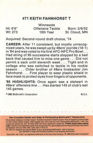 1986 McDonald's San Francisco 49ers - Full Game Pieces - Week 3 Gold/Orange Tab #NNO Keith Fahnhorst Back
