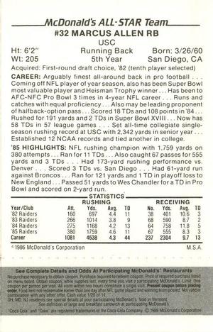 1986 McDonald's All-Star Team - Full Game Pieces: Week 2 Black/Gray Tab #NNO Marcus Allen Back