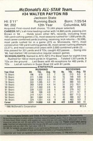 1986 McDonald's All-Star Team - Full Game Pieces: Week 2 Black/Gray Tab #NNO Walter Payton Back