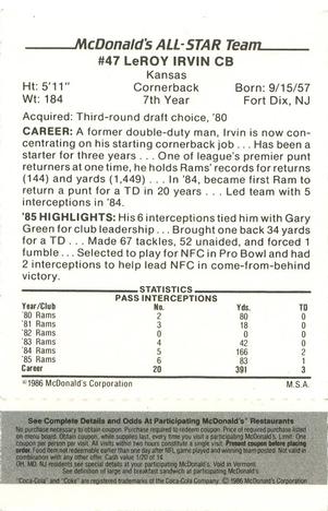 1986 McDonald's All-Star Team - Full Game Pieces: Week 2 Black/Gray Tab #NNO LeRoy Irvin Back