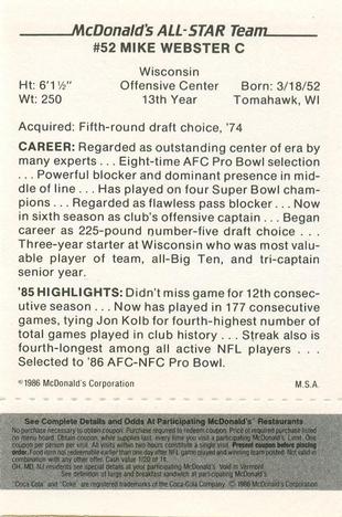 1986 McDonald's All-Star Team - Full Game Pieces: Week 2 Black/Gray Tab #NNO Mike Webster Back