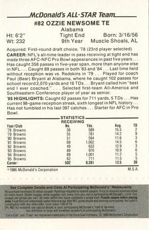 1986 McDonald's All-Star Team - Full Game Pieces: Week 2 Black/Gray Tab #NNO Ozzie Newsome Back