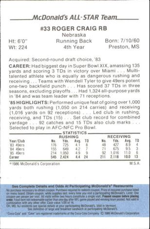 1986 McDonald's All-Star Team - Full Game Pieces: Week 1 Blue Tab #NNO Roger Craig Back