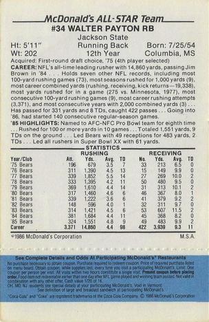 1986 McDonald's All-Star Team - Full Game Pieces: Week 1 Blue Tab #NNO Walter Payton Back